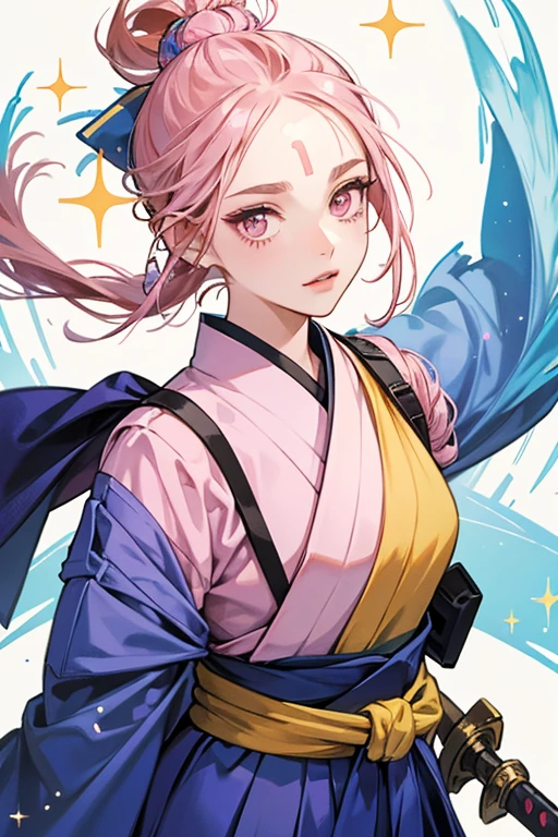 SHE has pink skin, a small yellow beak, and beady eyes. SHe wears a blue hakama and carries a sword with hER. SHe has dark hair that She wears in a topknot hairstyle, and has a tuft of pink hair on hER forehead. SPARKLE; GLITTER