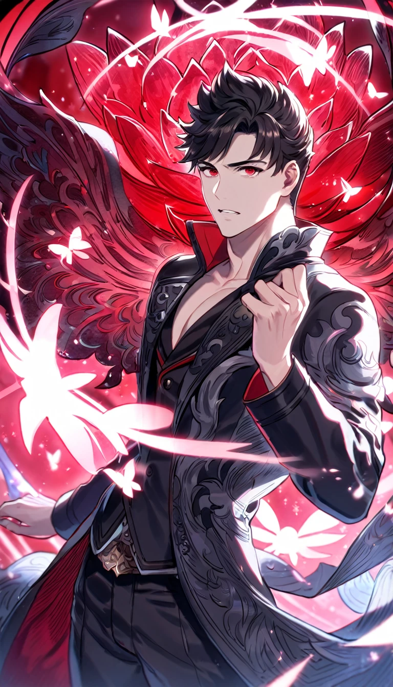 absurdres, highres, ultra detailed, HDR, master piece, best quality, Belial, black hair, expressive red eyes, granblue fantasy, solo, man, handsome, black coat, black pants, patterns, magical, fantasy, red background, red lotus, shining, red petals, red sparkling butterflies
