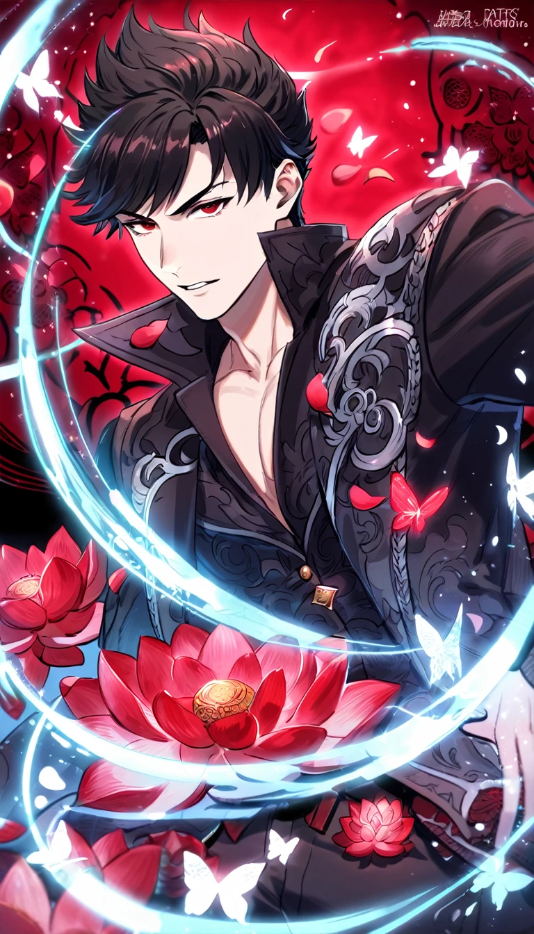 absurdres, highres, ultra detailed, HDR, master piece, best quality, Belial, black hair, expressive red eyes, granblue fantasy, solo, man, handsome, black coat, black pants, patterns, magical, fantasy, red background, red lotus, shining, red petals, red sparkling butterflies