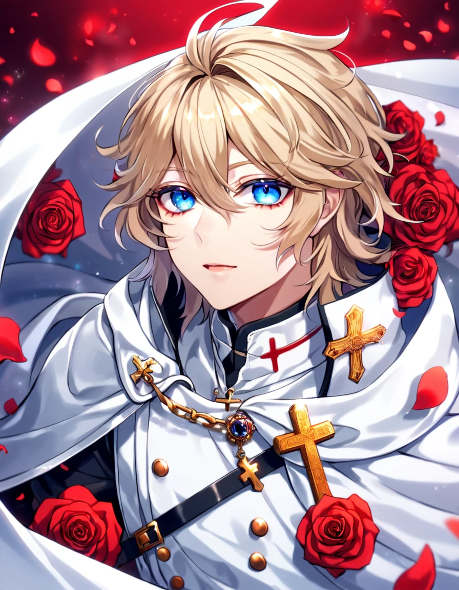 Ultra detailed, HDR, Highres, absurdres, master piece, Mikaela Hyakuya, wavy blond hair, expressive blue eyes, white cape, Owari No Seraph, white vampire clothes, red glittering butterflies, petals, fantasy, red roses, sexy man, solo, extremely detailed face and eyes, handsome, glittering, white gloves, red background, red flames, cross, vampire, white clothes