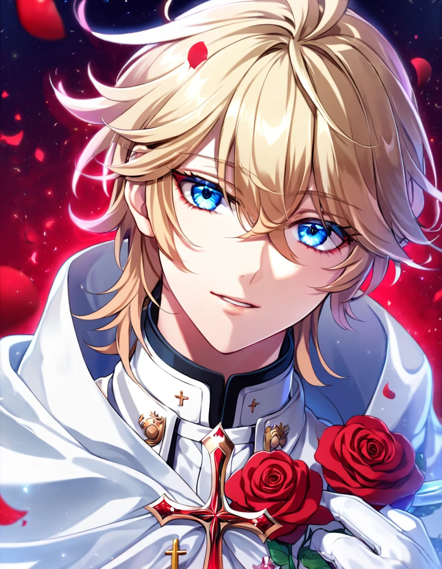 Ultra detailed, HDR, Highres, absurdres, master piece, Mikaela Hyakuya, wavy blond hair, expressive blue eyes, white cape, Owari No Seraph, white vampire clothes, red glittering butterflies, petals, fantasy, red roses, sexy man, solo, extremely detailed face and eyes, handsome, glittering, white gloves, red background, red flames, cross, vampire, white clothes