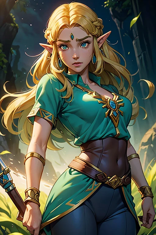 princess zelda, 1 garota, artist request, cinto, cabelo loiro, camisa azul, livro, Botas, inexpressivo, corpo todo, olhos verdes, high resolution, olhando para o espectador, Magia, nintendo, pants, Orelhas pontudas, camisa, cabelo curto, fundo simples, Sozinho, A Lenda de Zelda, A Lenda de Zelda: sopro da natureza, A Lenda de Zelda: Tears of the Kingdom, flor feita de luz, Magia