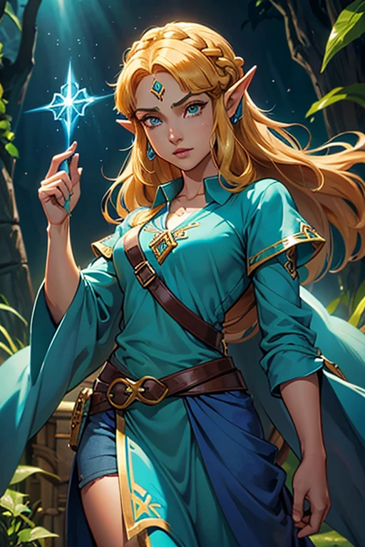 princess zelda, 1 garota, artist request, cinto, cabelo loiro, camisa azul, livro, Botas, inexpressivo, corpo todo, olhos verdes, high resolution, olhando para o espectador, Magia, nintendo, pants, Orelhas pontudas, camisa, cabelo curto, fundo simples, Sozinho, A Lenda de Zelda, A Lenda de Zelda: sopro da natureza, A Lenda de Zelda: Tears of the Kingdom, flor feita de luz, Magia