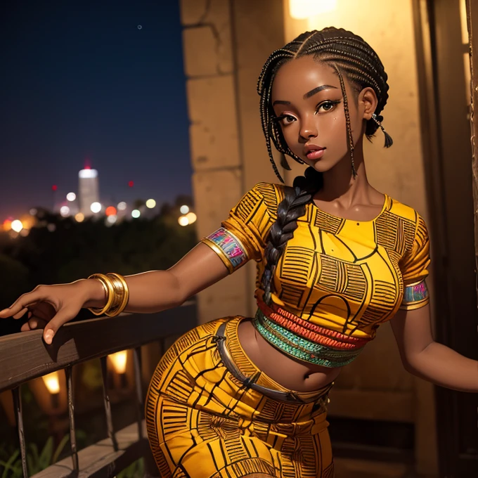 (masterpiece, best quality), deep ebony 1girl, beautiful face, freely short braids, Africa safari background , dressed with Congolese clothing,, beautify, Lofi vibe, , cute night vibe, looking to the city, hands outside of the picture,