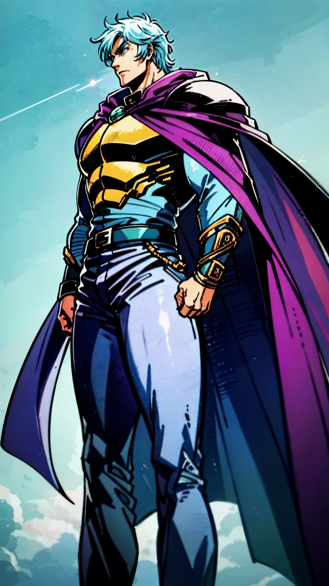 A young man with Greenish-blue spiky short hair, middle part bangs, a disdainful look, slender eyebrows, delicate features, a robust physique, a fantasy-style purple and white tight outfit, a black collar connected to a dark blue cape, a white belt attached to a red and white hem, sky-blue trousers, green flowing light surrounding him, standing on a long street at night, side view, this character embodies a finely crafted fantasy-style warrior in anime style, exquisite and mature manga art style, dramatic, high definition, best quality, highres, ultra-detailed, ultra-fine painting, extremely delicate, professional, perfect body proportions, golden ratio, anatomically correct, symmetrical face, extremely detailed eyes and face, high quality eyes, creativity, RAW photo, UHD, 32k, Natural light, cinematic lighting, masterpiece-anatomy-perfect, masterpiece:1.5