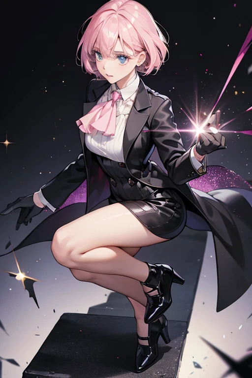 SHe wears a full black suit with gloves, shoes, with a light pink ascot underneath. SPARKLE; GLITTER