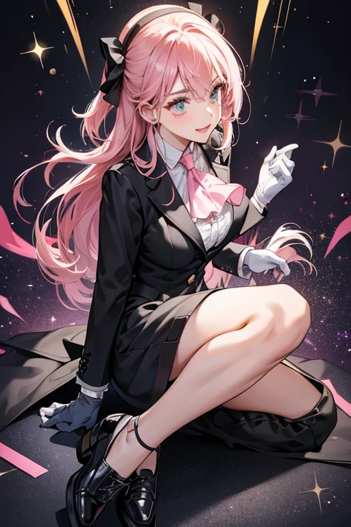 SHe wears a full black suit with gloves, shoes, with a light pink ascot underneath. SPARKLE; GLITTER