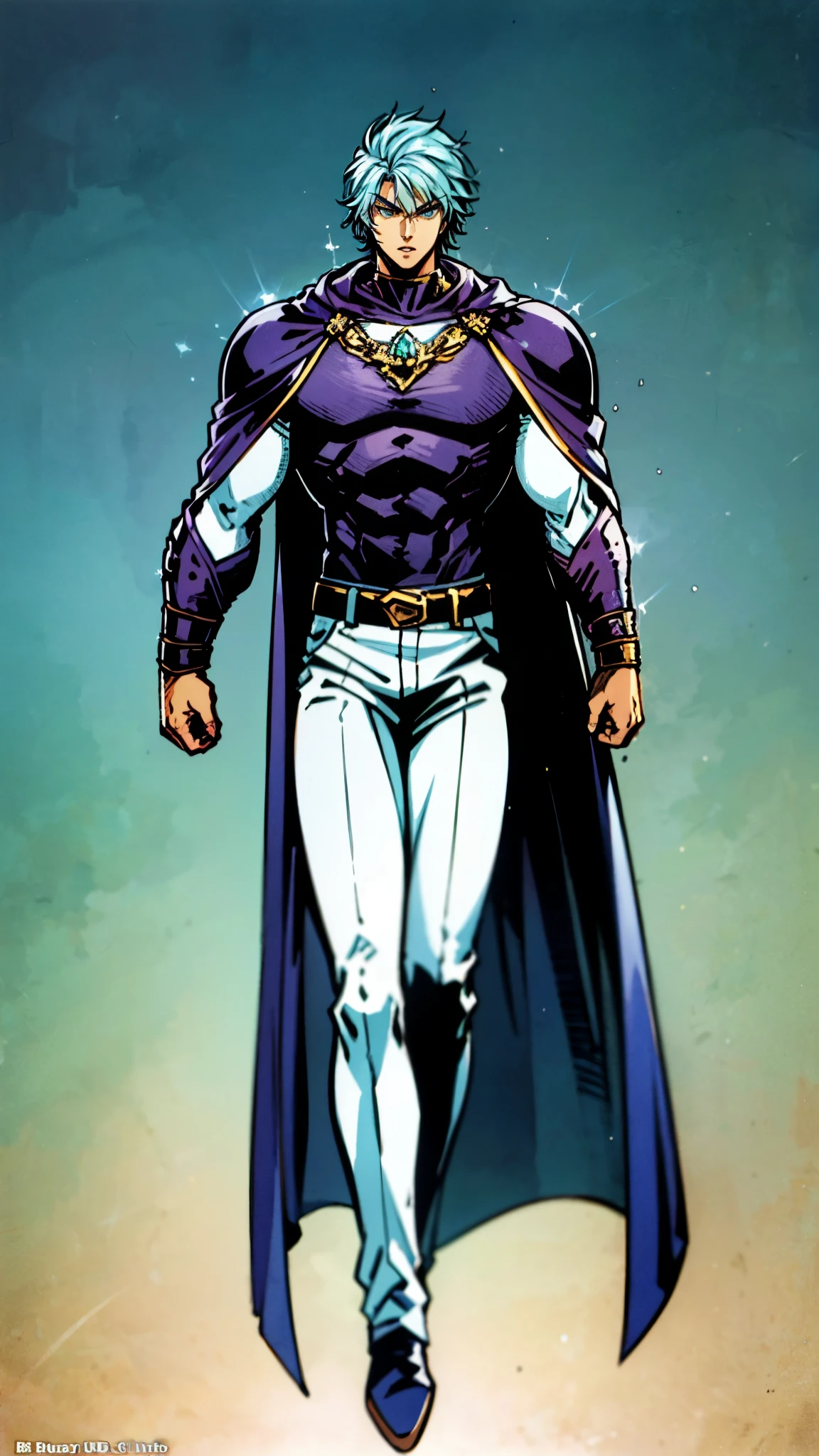 A young man with Greenish-blue spiky short hair, middle part bangs, a disdainful look, slender eyebrows, delicate features, a robust physique, a fantasy-style purple and white tight outfit, a black collar connected to a dark blue cape, a white belt attached to a red and white hem, sky-blue trousers, green flowing light surrounding him, standing on a long street at night, side view, this character embodies a finely crafted fantasy-style warrior in anime style, exquisite and mature manga art style, dramatic, high definition, best quality, highres, ultra-detailed, ultra-fine painting, extremely delicate, professional, perfect body proportions, golden ratio, anatomically correct, symmetrical face, extremely detailed eyes and face, high quality eyes, creativity, RAW photo, UHD, 32k, Natural light, cinematic lighting, masterpiece-anatomy-perfect, masterpiece:1.5
