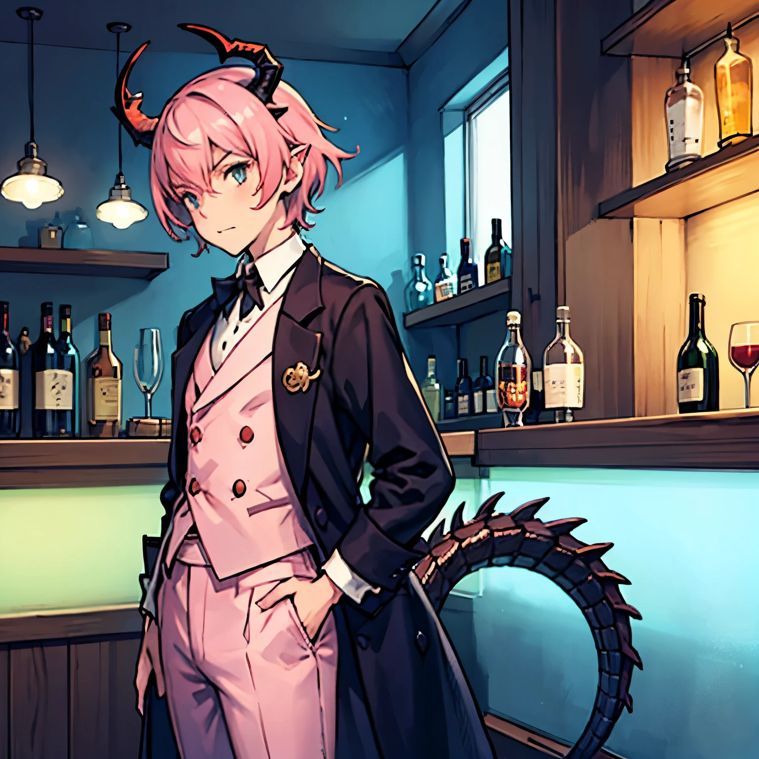 small male femboy with pink hair and dragon horns dressed as a mob boss in a bar