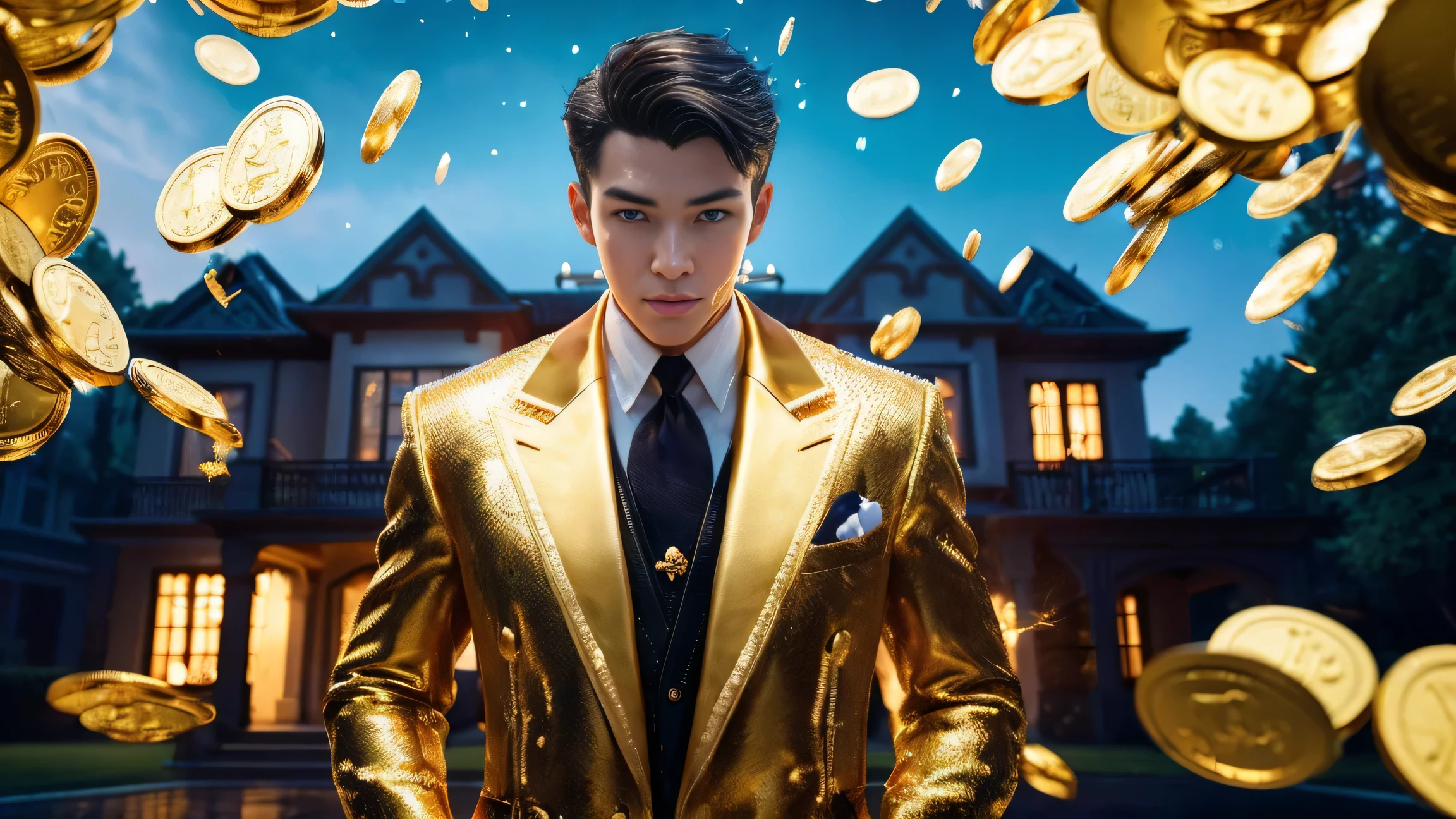 a man in front of a mansion full of gold coins falling from the sky, ultra detailed image, realism, 8k, hyper detailed skin, intense and vivid colors.