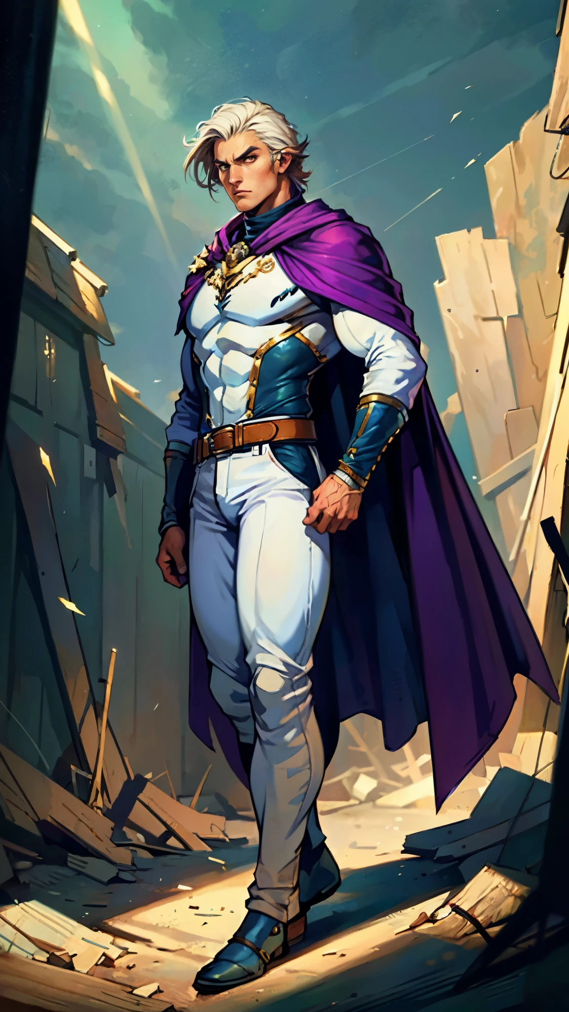 A young man with Greenish-blue spiky short hair, middle part bangs, a disdainful look, slender eyebrows, delicate features, a robust physique, a fantasy-style purple and white tight outfit, a black collar connected to a dark blue cape, a white belt attached to a red and white hem, sky-blue trousers, green flowing light surrounding him, standing on a long street at night, side view, this character embodies a finely crafted fantasy-style warrior in anime style, exquisite and mature manga art style, dramatic, high definition, best quality, highres, ultra-detailed, ultra-fine painting, extremely delicate, professional, perfect body proportions, golden ratio, anatomically correct, symmetrical face, extremely detailed eyes and face, high quality eyes, creativity, RAW photo, UHD, 32k, Natural light, cinematic lighting, masterpiece-anatomy-perfect, masterpiece:1.5