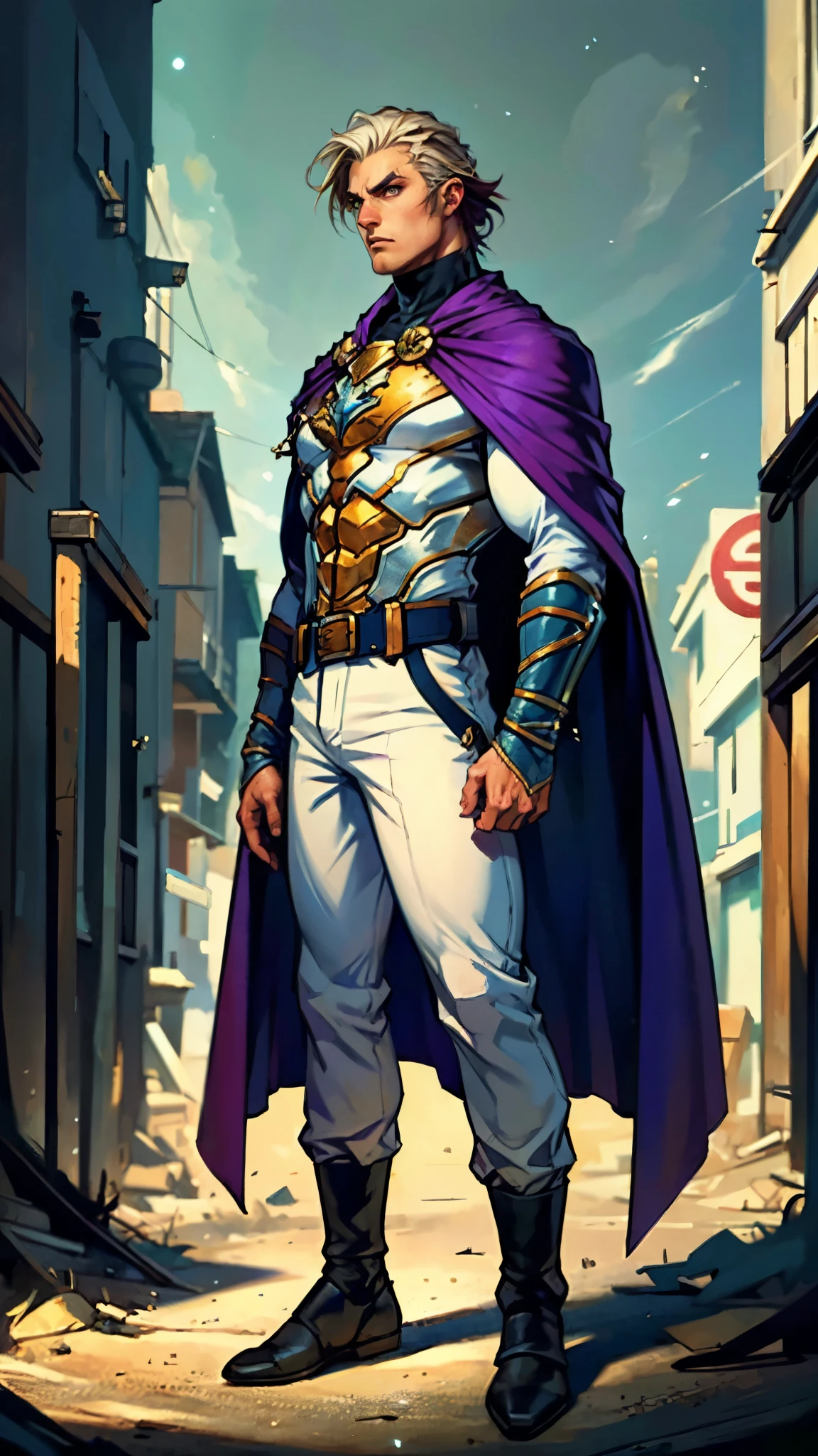 A young man with Greenish-blue spiky short hair, middle part bangs, a disdainful look, slender eyebrows, delicate features, a robust physique, a fantasy-style purple and white tight outfit, a black collar connected to a dark blue cape, a white belt attached to a red and white hem, sky-blue trousers, green flowing light surrounding him, standing on a long street at night, side view, this character embodies a finely crafted fantasy-style warrior in anime style, exquisite and mature manga art style, dramatic, high definition, best quality, highres, ultra-detailed, ultra-fine painting, extremely delicate, professional, perfect body proportions, golden ratio, anatomically correct, symmetrical face, extremely detailed eyes and face, high quality eyes, creativity, RAW photo, UHD, 32k, Natural light, cinematic lighting, masterpiece-anatomy-perfect, masterpiece:1.5