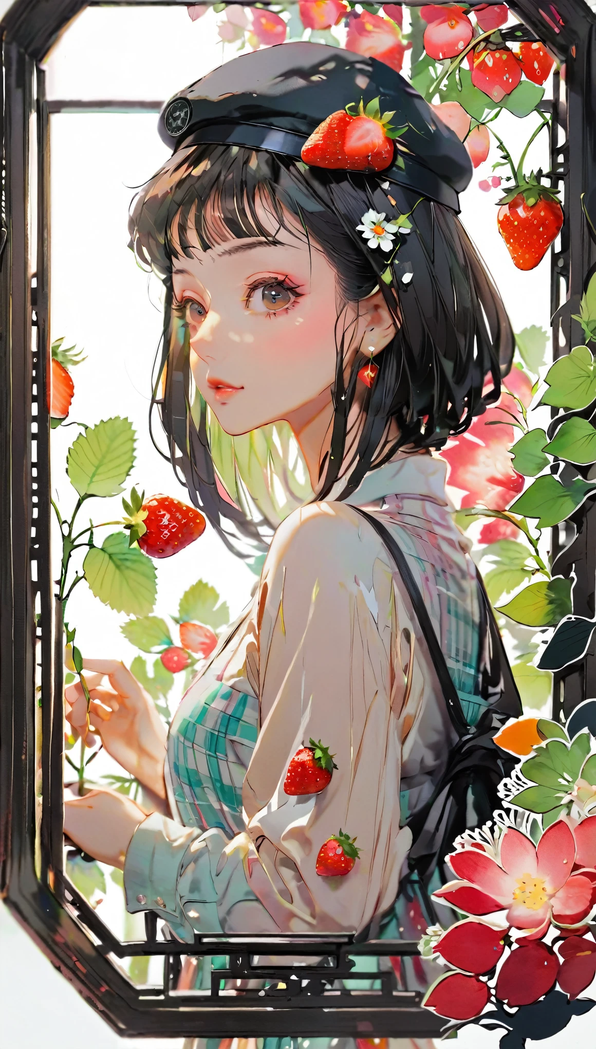 (((paper cutting style))), 1 girl, black long medium hair, cap, bob cutl, check shirts, portfolio from side, strawberry