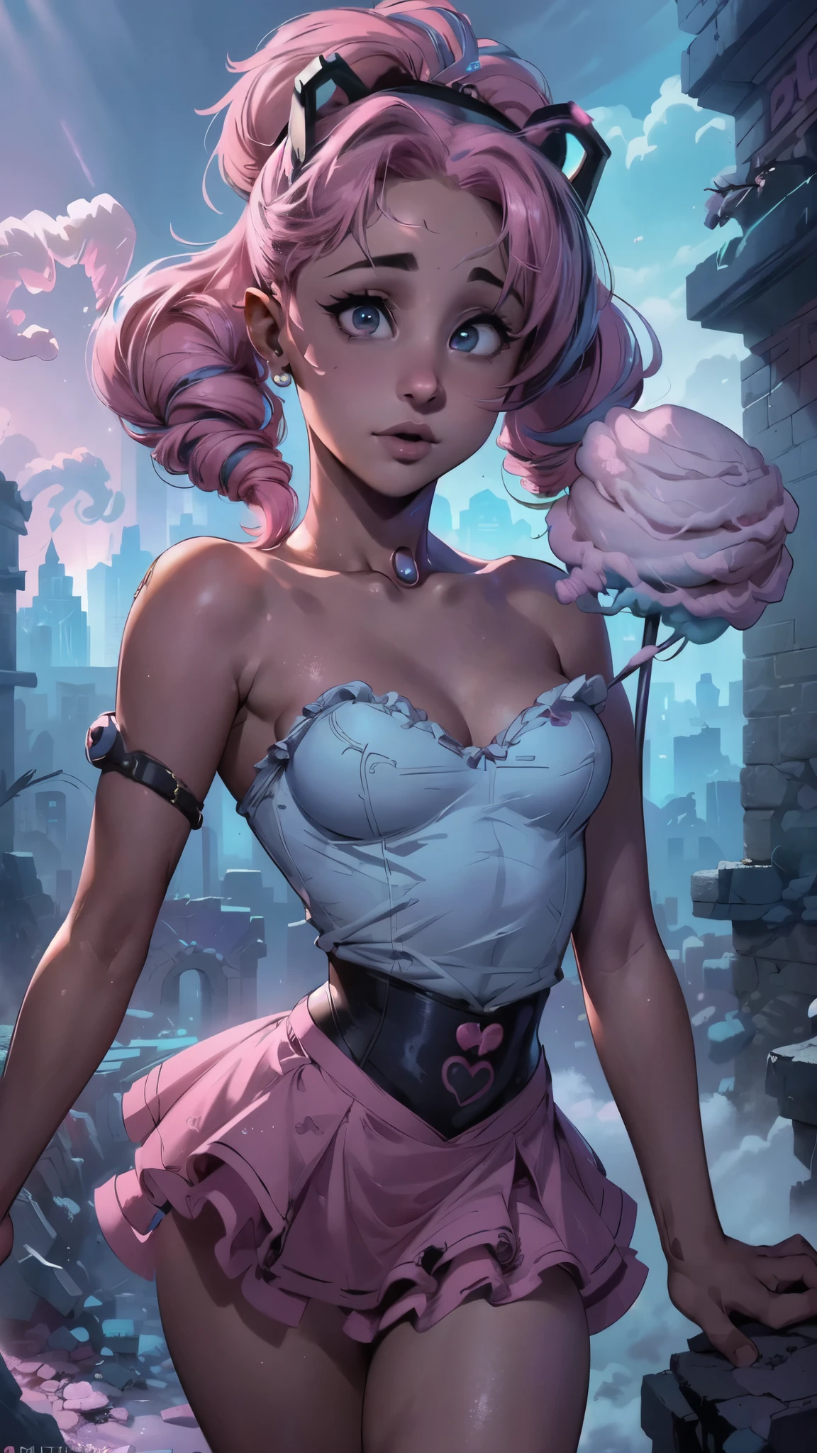 (La mejor calidad,A high resolution,Ultra - detallado,actual),Ariana Grande, (cabello largo pink cola caballo :1.4), tiro de cuerpo completo:1.5,Usa colores inusuales,,(Fondo de ruinas de mazmorra en ruinas cyberpunk :1.4 ), Beautiful photography,(fumar surrounds:1.4), Imagen estilizada de una (nubes hecha de cotton candy rosa y azul:1.4) .(mini skirt pink :1.4,top corto, Fantastic, atmospheric perspective, 8K, Super detail, preciso, mejor calidad, anatomically correct, piel texturizada, (cotton candy:1.4), ,(Fondo de ruinas de mazmorra en ruinas:1.4 ), (nubes cotton candy:1.4),( perfect anatomy:1.4), (Detalles de la cara: 1.5, ojos azules brillantes, hermoso rostro, ojos bonitos, Contorno del iris, labios delgados: 1.5, Thin, sharp pale eyebrows, Long, dark eyelashes, double tabs),(cinematic lighting :1.4), (face detailed:1.4),( Ariana Grande:1.4), (Ariana Grande V2.5), manos perfectas: 1.5