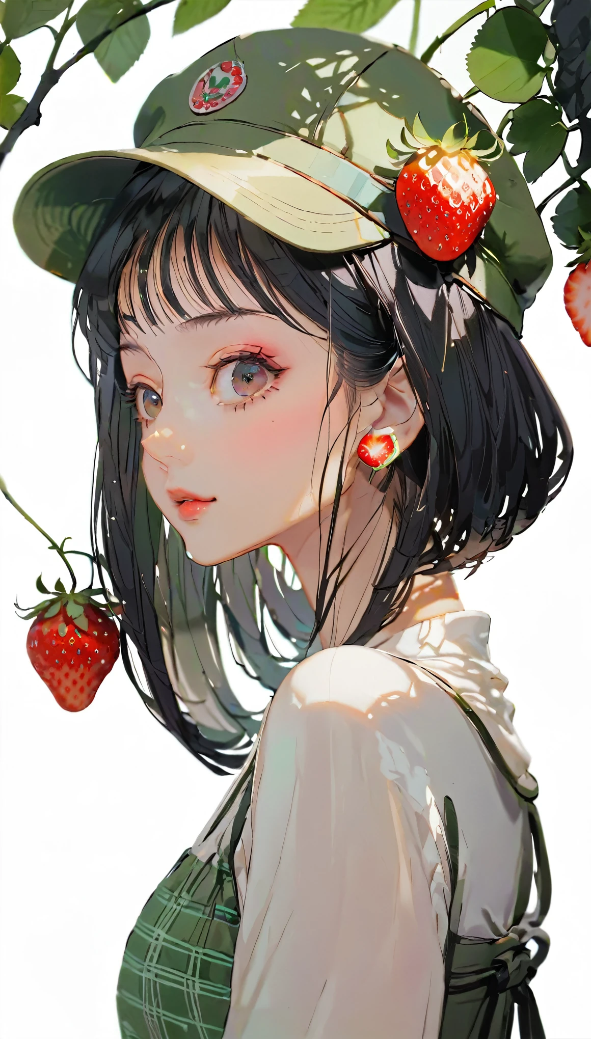 (((paper cutting style))), 1 girl, black long medium hair, cap, bob cutl, check shirts, portfolio from side, strawberry