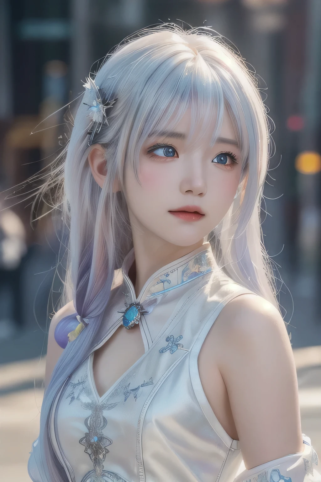 ((best quality)), ((masterpiece)), Snow mountain,((ultra-detailed)), extremely detailed CG, (illustration), blizzard, ((detailed light)), (an extremely delicate and beautiful), 1girl, solo, ((cowboy shot)), ((cute face)),(beautiful detailed eyes), red eyes,white hair, shiny hair, colored inner hair,Ice rose,Ice hair ornaments,adorns,depth of field, [ice crystal], caustics,lens flare,bokeh, crystal,((floating hair)), ((chromatic aberration)), ((caustic)),((disheveled hair)),watercolor_(medium),detailed background,fluttered detailed splashs, city street, busy city, full of people beautiful dress, walking, street view