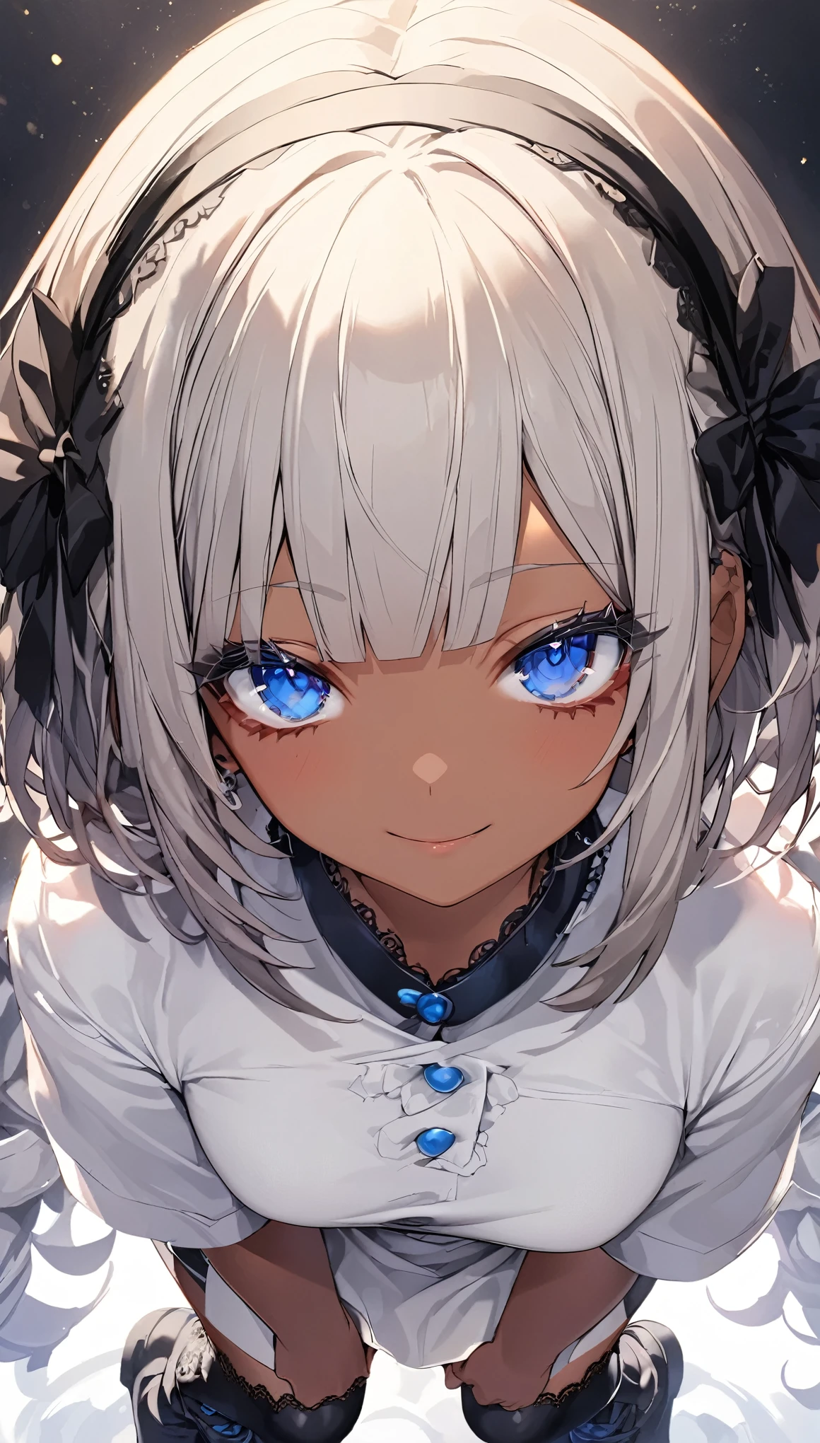 masterpiece, highest quality, Very detailed, High resolution, A girl in a magic , (Dark Skin:1.2), Silver Hair, (short hair:1.4), (Blunt bangs:1.3), Curly Hair, Wavy Hair, Drill Hair, (eyelash:1.3), (eye shadow:1.3), (Blue eyes:1.5), (Beautiful fine details:1.4), Eyes half closed, Height: 130cm, original character, Fantasy, (Black background:1.2), Beautiful fingers, Are standing, (lace spats:1.5), (Cashew:1.5)