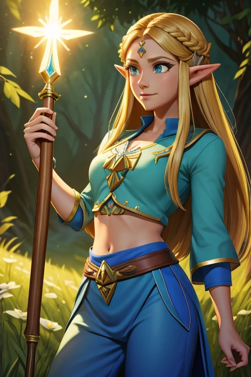 princess zelda, 1 garota, artist request, cinto, cabelo loiro, camisa azul, livro, Botas, inexpressivo, corpo todo, olhos verdes, high resolution, olhando para o espectador, Magia, nintendo, pants, Orelhas pontudas, camisa, cabelo curto, fundo simples, Sozinho, A Lenda de Zelda, A Lenda de Zelda: sopro da natureza, A Lenda de Zelda: Tears of the Kingdom, flor feita de luz, Magia