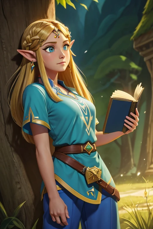 princess zelda, 1 garota, artist request, cinto, cabelo loiro, camisa azul, livro, Botas, inexpressivo, corpo todo, olhos verdes, high resolution, olhando para o espectador, Magia, nintendo, pants, Orelhas pontudas, camisa, cabelo curto, fundo simples, Sozinho, A Lenda de Zelda, A Lenda de Zelda: sopro da natureza, A Lenda de Zelda: Tears of the Kingdom, flor feita de luz, Magia