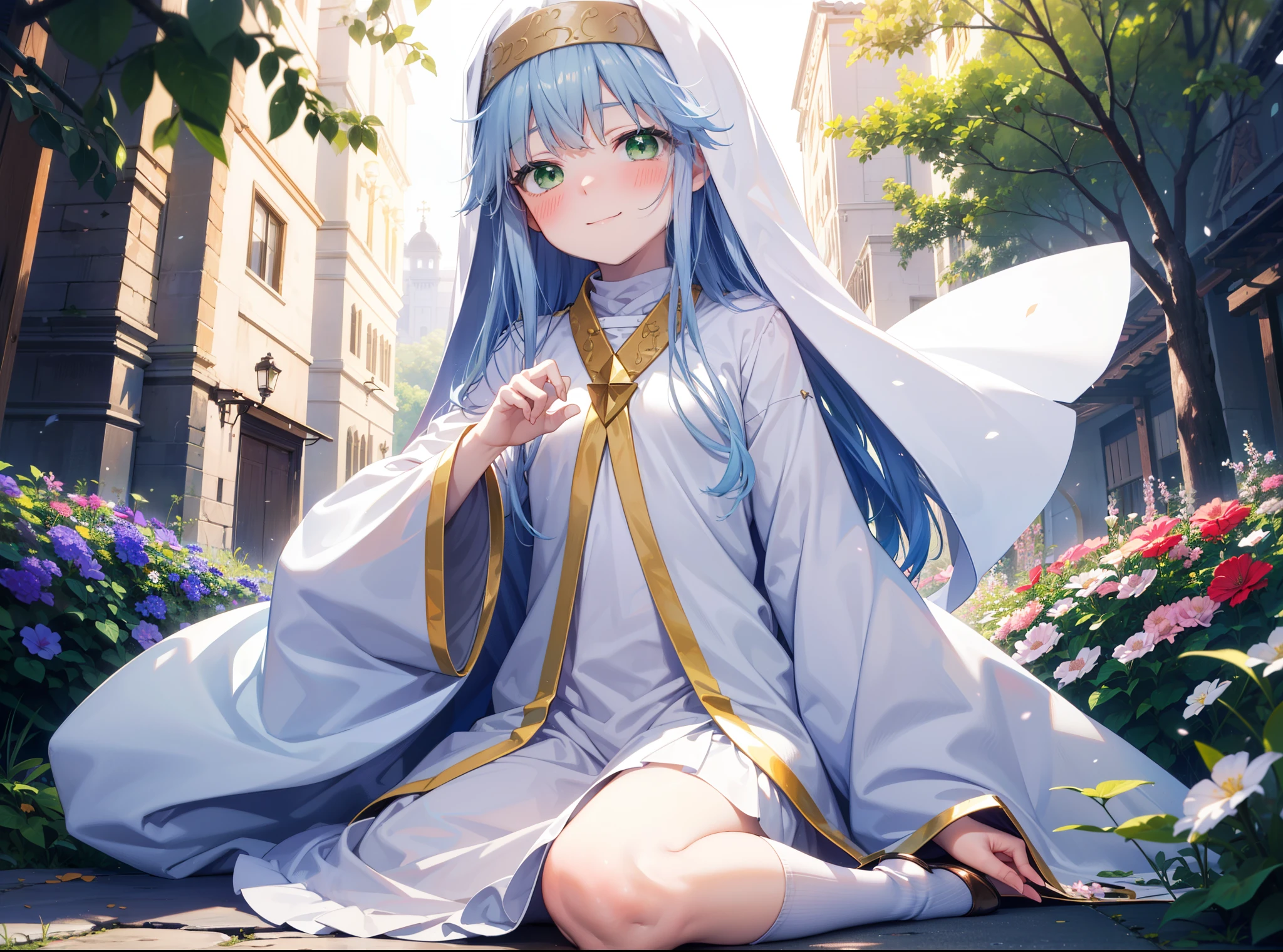 index, index, (Green Eyes:1.5), Blue Hair, Long Hair, (Flat Chest:1.2),
break habit, Long sleeve, Nuns,Wide sleeves,blush,happy smile, smile,corolla,whole bodyがイラストに入るように,Sitting,Looking up from below,
break looking at viewer, whole body,
break outdoors, nature,Flower Field,Large Lake,
break (masterpiece:1.2), highest quality, High resolution, unity 8k wallpaper, (shape:0.8), (Beautiful details:1.6), Highly detailed face, Perfect lighting, Highly detailed CG, (Perfect hands, Perfect Anatomy),