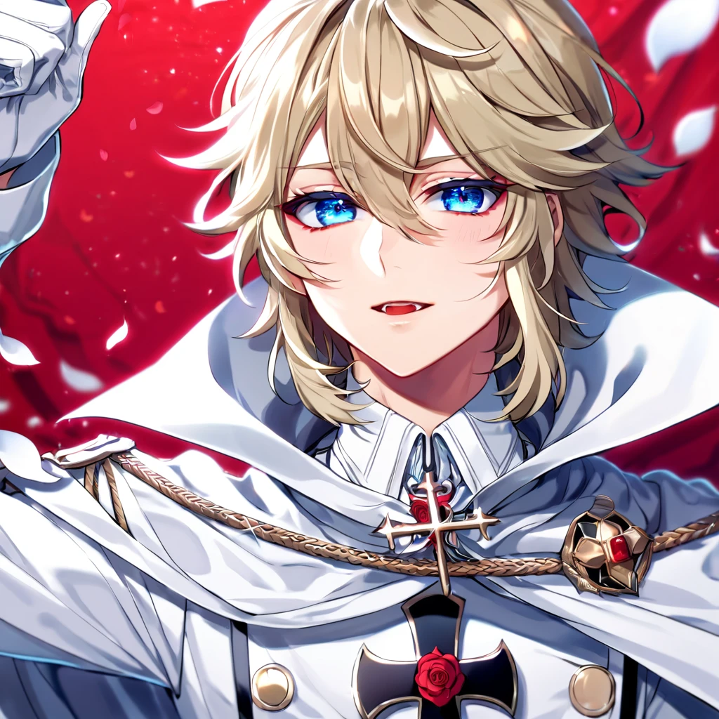 Ultra detailed, HDR, Highres, absurdres, master piece, Mikaela Hyakuya, wavy blond hair, expressive blue eyes, white cape, Owari No Seraph, white vampire clothes, red glittering butterflies, petals, fantasy, red roses, sexy man, solo, extremely detailed face and eyes, handsome, glittering, white gloves, red background, red flames, cross, vampire, white clothes