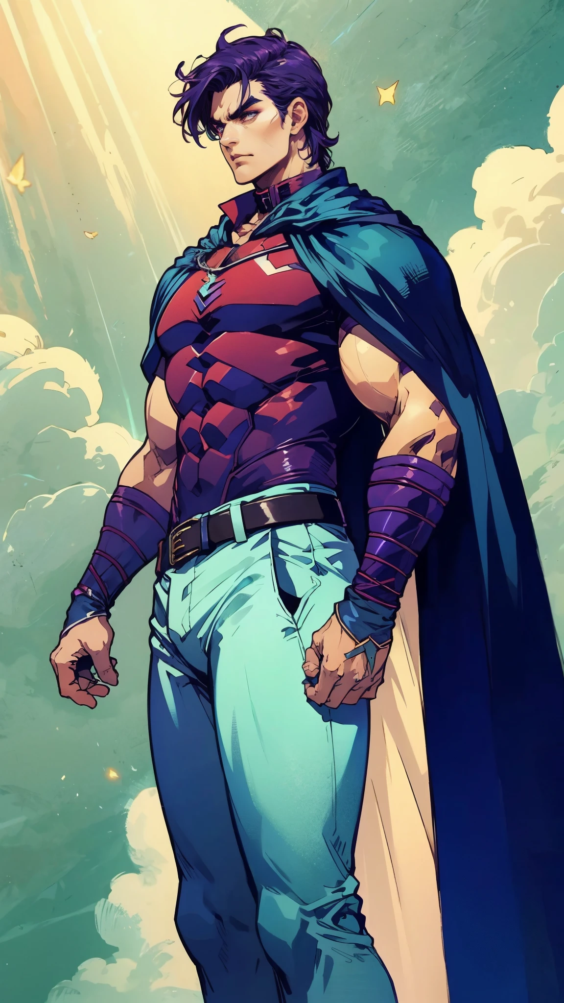 A young man with Greenish-blue spiky short hair, middle part bangs, a disdainful look, slender eyebrows, delicate features, a robust physique, a fantasy-style purple and white tight outfit, a black collar connected to a dark blue cape, a white belt attached to a red and white hem, sky-blue trousers, green flowing light surrounding him, standing on a long street at night, side view, this character embodies a finely crafted fantasy-style warrior in anime style, exquisite and mature manga art style, dramatic, high definition, best quality, highres, ultra-detailed, ultra-fine painting, extremely delicate, professional, perfect body proportions, golden ratio, anatomically correct, symmetrical face, extremely detailed eyes and face, high quality eyes, creativity, RAW photo, UHD, 32k, Natural light, cinematic lighting, masterpiece-anatomy-perfect, masterpiece:1.5