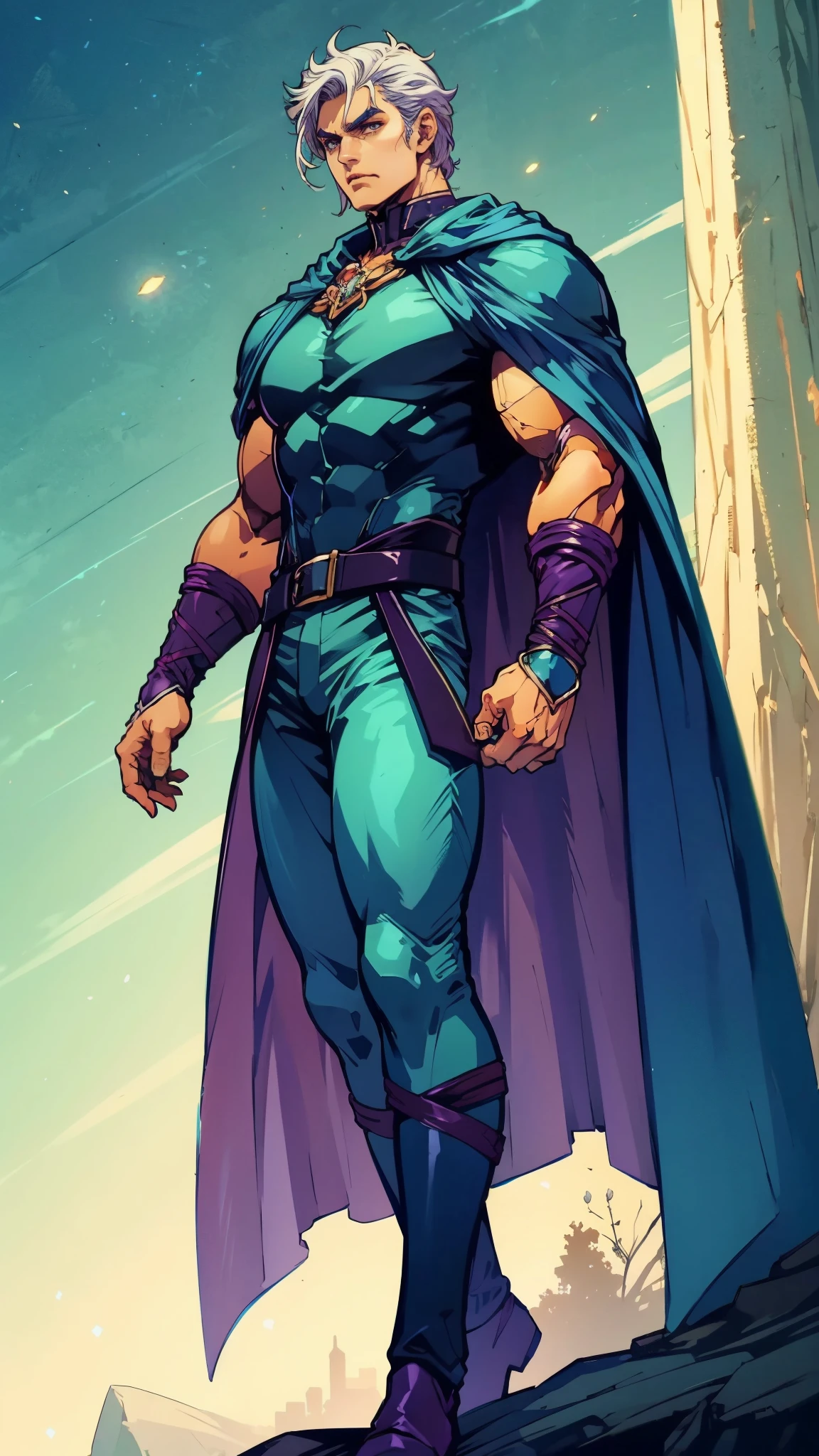 A young man with Greenish-blue spiky short hair, middle part bangs, a disdainful look, slender eyebrows, delicate features, a robust physique, a fantasy-style purple and white tight outfit, a black collar connected to a dark blue cape, a white belt attached to a red and white hem, sky-blue trousers, green flowing light surrounding him, standing on a long street at night, side view, this character embodies a finely crafted fantasy-style warrior in anime style, exquisite and mature manga art style, dramatic, high definition, best quality, highres, ultra-detailed, ultra-fine painting, extremely delicate, professional, perfect body proportions, golden ratio, anatomically correct, symmetrical face, extremely detailed eyes and face, high quality eyes, creativity, RAW photo, UHD, 32k, Natural light, cinematic lighting, masterpiece-anatomy-perfect, masterpiece:1.5