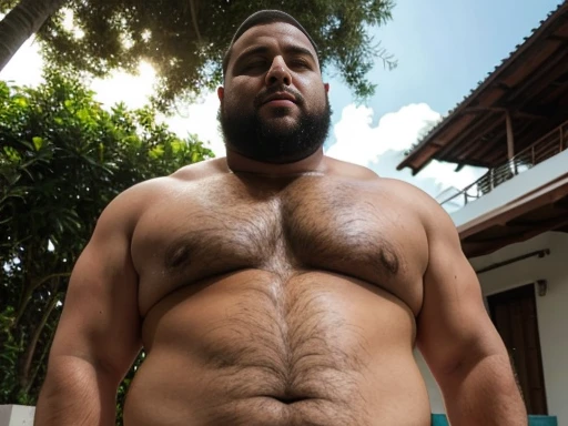 1 chubby man with extremely thick thighs , Careca, obeso, homem de meia idade, camisa branca aberta mostrando a barriga e peitoral usando apenas sunga vermelha e meias, parado na rua, looking at the sky, noite, luz do sol brilhante, Paradisiacal beach setting 