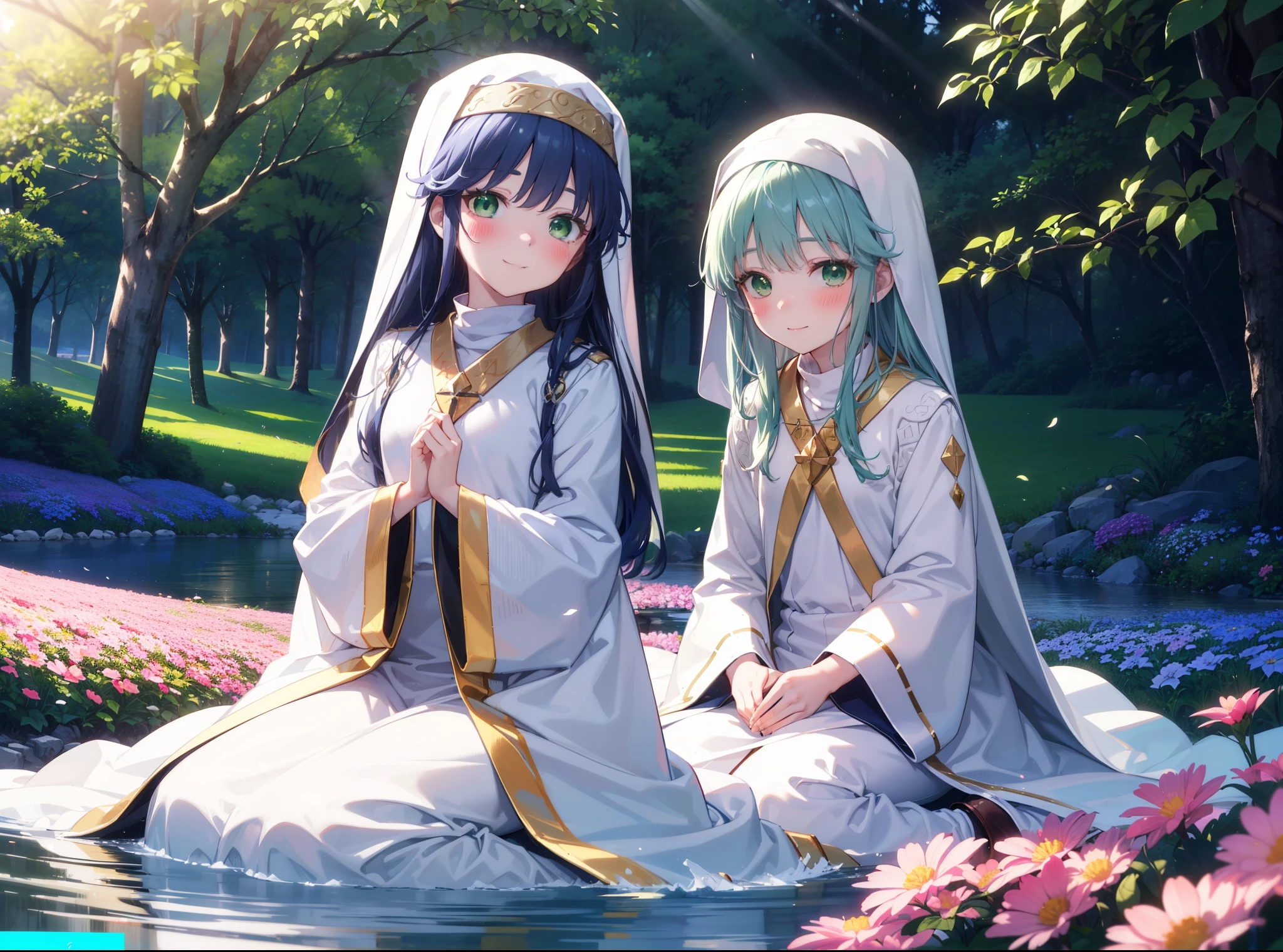 index, index, (Green Eyes:1.5), Blue Hair, Long Hair, (Flat Chest:1.2),
break habit, Long sleeve, Nuns,Wide sleeves,blush,happy smile, smile,corolla,whole bodyがイラストに入るように,Sitting,Looking up from below,
break looking at viewer, whole body,
break outdoors, nature,Flower Field,Large Lake,
break (masterpiece:1.2), highest quality, High resolution, unity 8k wallpaper, (shape:0.8), (Beautiful details:1.6), Highly detailed face, Perfect lighting, Highly detailed CG, (Perfect hands, Perfect Anatomy),