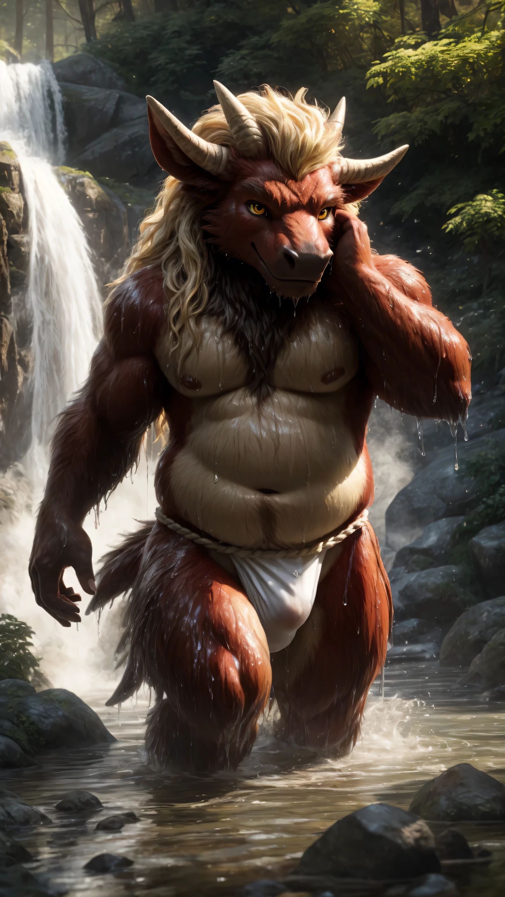 ultra-detailed, masterpiece, masterwork, high quality, best quality, hdr, nature, forest, hot spring, waterfall, bathing, nsfw, (solo), male, dragon, chibi, (red little body minotaur), (nude), (chubby body), (long golden hair), (yellow eyes), standing, front view, dynamic angle, (bulge fundoshi, wet fundoshi), wet body, steam