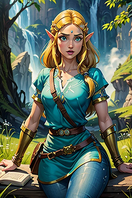 princess zelda, 1 garota, artist request, cinto, cabelo loiro, camisa azul, livro, Botas, inexpressivo, corpo todo, olhos verdes, high resolution, olhando para o espectador, Magia, nintendo, pants, Orelhas pontudas, camisa, cabelo curto, fundo simples, Sozinho, A Lenda de Zelda, A Lenda de Zelda: sopro da natureza, A Lenda de Zelda: Tears of the Kingdom, flor feita de luz, Magia