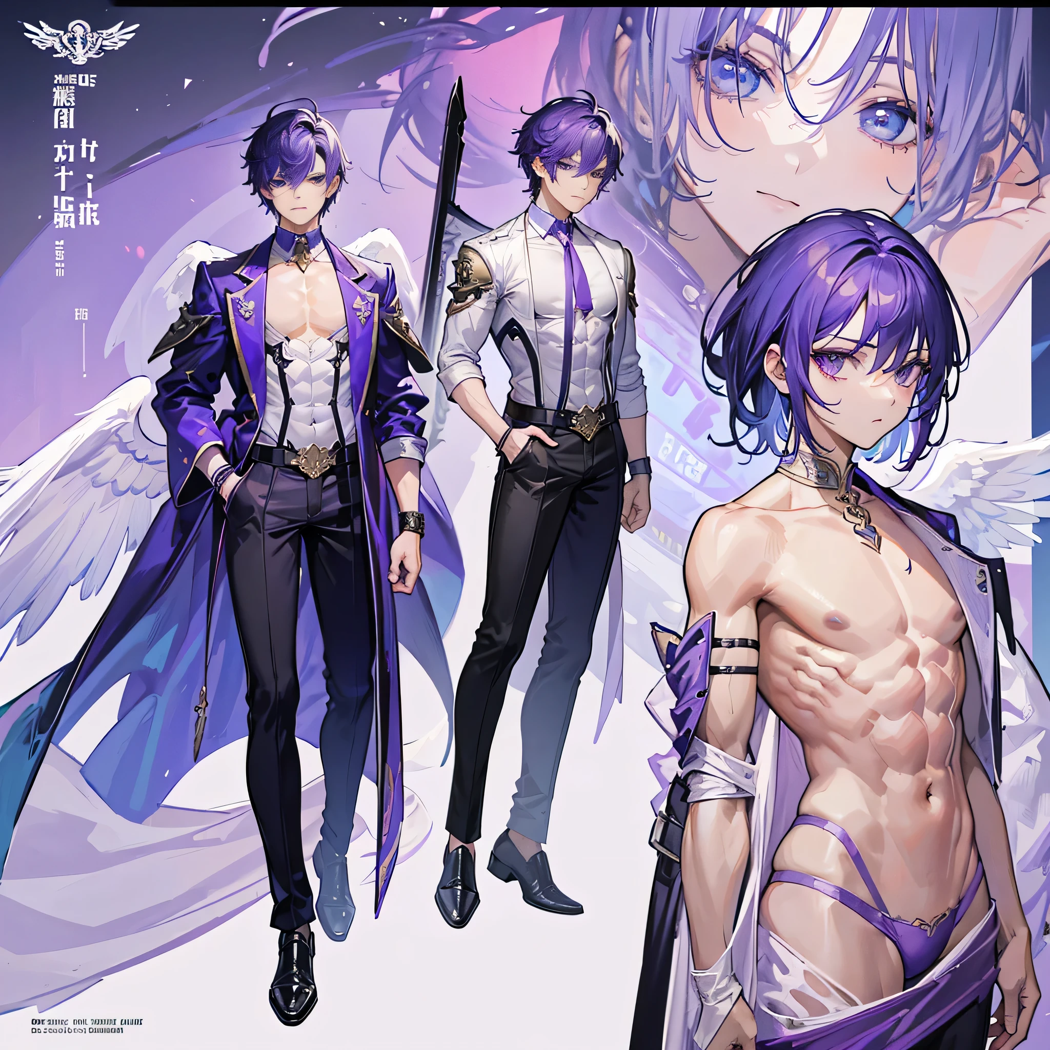 ((Masterpiece, Highest quality)), (Masterpiece, best quality), detailed, 1boy, ((character concept art)), ((character design sheet, same character, front, side, back)),1 Male, 1boy, man, Detailed face, character design sheet,full bodyesbian, frontal body view, back body view, Highly detailed, character sheet, character design, Many parts, dark skin, angel wings, short purple hair, angel outfit, masculine, male muscle, manly men, manly boy, male angel, manly angel, Muscle boy with purple short hair,handsome man, male angel , man tall, abs, pectoral muscle