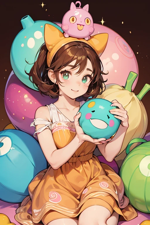 Cakeitchi is a light teal Tamagotchi with a gourd shaped body. She has oval shaped eyes with brown irises and eyelashes along with orange cheek highlights. She wears a pink cupcake on her head with brown swirls hanging off the sides and sitting on top. She also wears a matching brown dress with a brown swirl on the front. SPARKLE; GLITTER