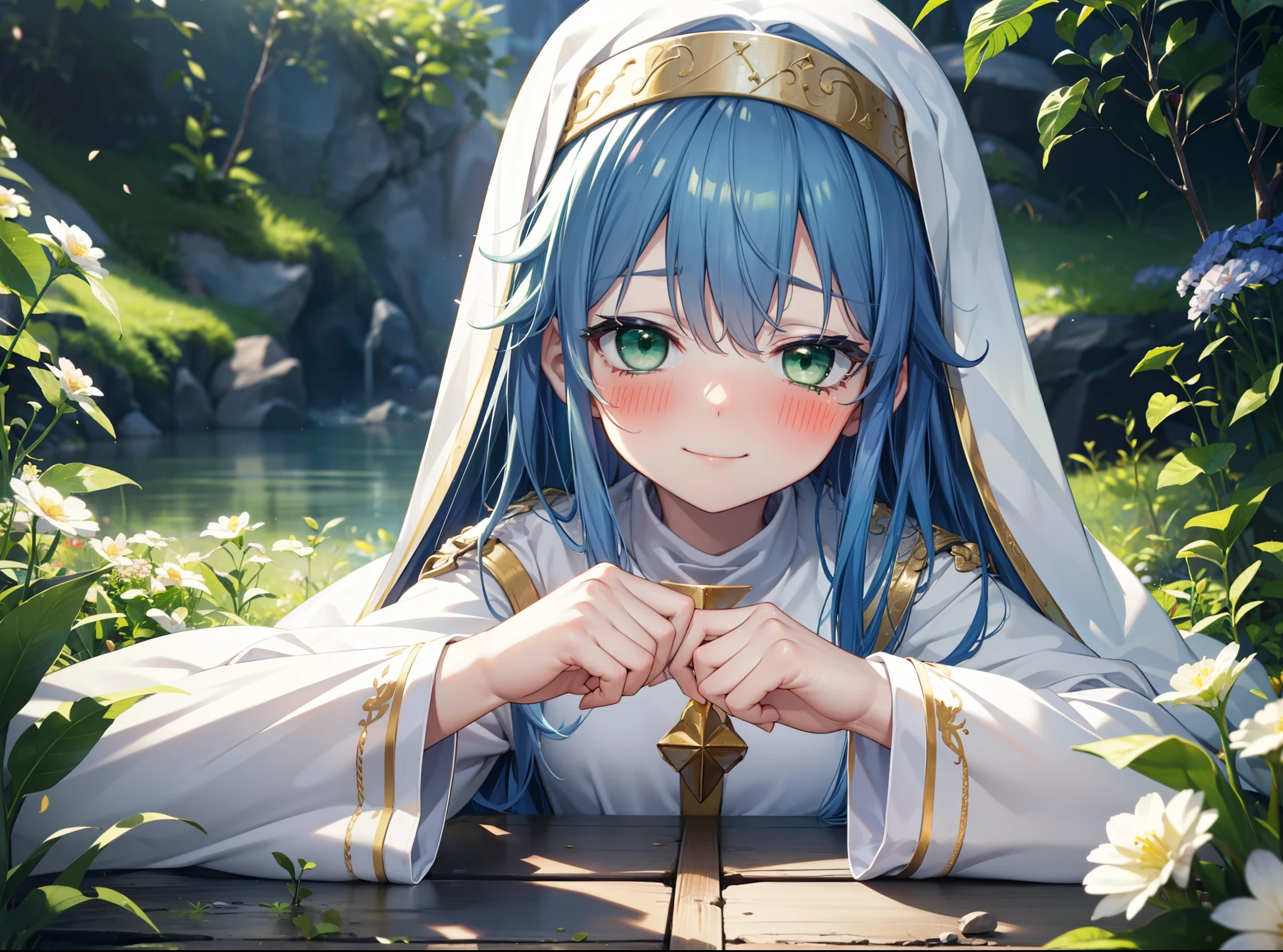 index, index, (Green Eyes:1.5), Blue Hair, Long Hair, (Flat Chest:1.2),
break habit, Long sleeve, Nuns,Wide sleeves,blush,happy smile, smile,corolla,whole bodyがイラストに入るように,Sitting,Looking up from below,
break looking at viewer, whole body,
break outdoors, nature,Flower Field,Large Lake,
break (masterpiece:1.2), highest quality, High resolution, unity 8k wallpaper, (shape:0.8), (Beautiful details:1.6), Highly detailed face, Perfect lighting, Highly detailed CG, (Perfect hands, Perfect Anatomy),