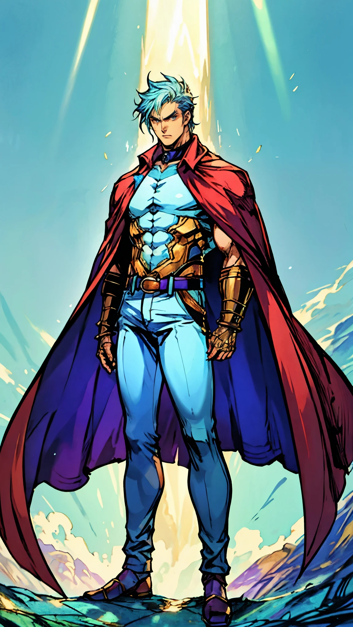 A young man with Greenish-blue spiky short hair, middle part bangs, a disdainful look, slender eyebrows, delicate features, a robust physique, a fantasy-style purple and white tight outfit, a black collar connected to a dark blue cape, a white belt attached to a red and white hem, sky-blue trousers, green flowing light surrounding him, standing on a long street at night, side view, this character embodies a finely crafted fantasy-style warrior in anime style, exquisite and mature manga art style, dramatic, high definition, best quality, highres, ultra-detailed, ultra-fine painting, extremely delicate, professional, perfect body proportions, golden ratio, anatomically correct, symmetrical face, extremely detailed eyes and face, high quality eyes, creativity, RAW photo, UHD, 32k, Natural light, cinematic lighting, masterpiece-anatomy-perfect, masterpiece:1.5