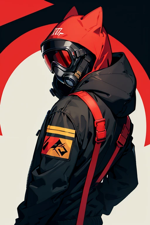 Image of subject with jacket hood black gas mask red glasses from back looking back with background of a stellar orisont