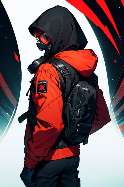 Image of subject with jacket hood black gas mask red glasses from back looking back with background of a stellar orisont