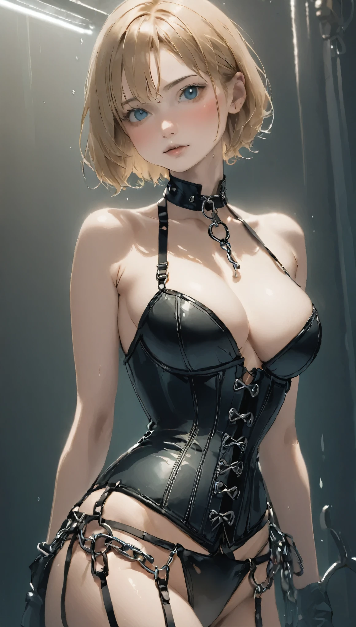 Black corset, bondage, Bunny girl:1.5, Very beautiful woman, Esbian all over, ((Put your arms behind your back)), Chain Chain, ((highest quality, 8k, Tabletop: 1.3)), Sharp focus: 1.2, Beautiful woman with perfect figure: 1.4, Slim Abs: 1.2, ((Layered Cut, : 1.2)), (erotism), Wet body: 1.5, Highly detailed face and skin texture, Fine grain, Very short hair, BDSM, slave, Rubbery,