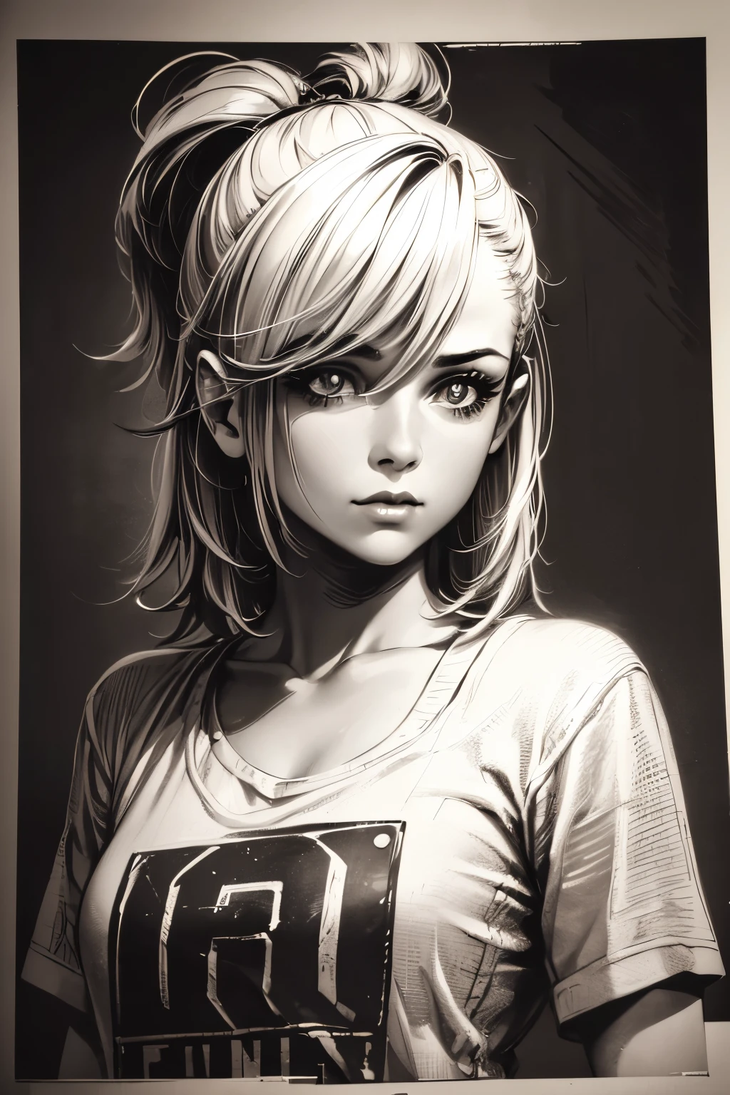 A girl in a mugshot, sketch, black and white, detailed features, cute, vintage style, high contrast lighting, expressive eyes, lovely . (best quality, highres, realistic:1.37), vintage, monochrome, intense gaze, dramatic lighting, rugged background, distressed paper texture, retro vibes, id photo, front view