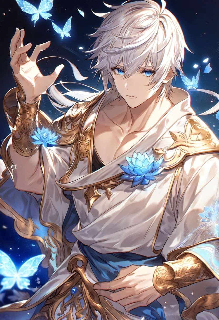 absurdres, highres, ultra detailed, HDR, master piece, best quality, Lucilius, white hair, expressive blue eyes, granblue fantasy, solo, sexy man, handsome, white tunic, patterns, magical, fantasy, blue background, blue lotus, shining, blue petals, blue sparkling butterflies