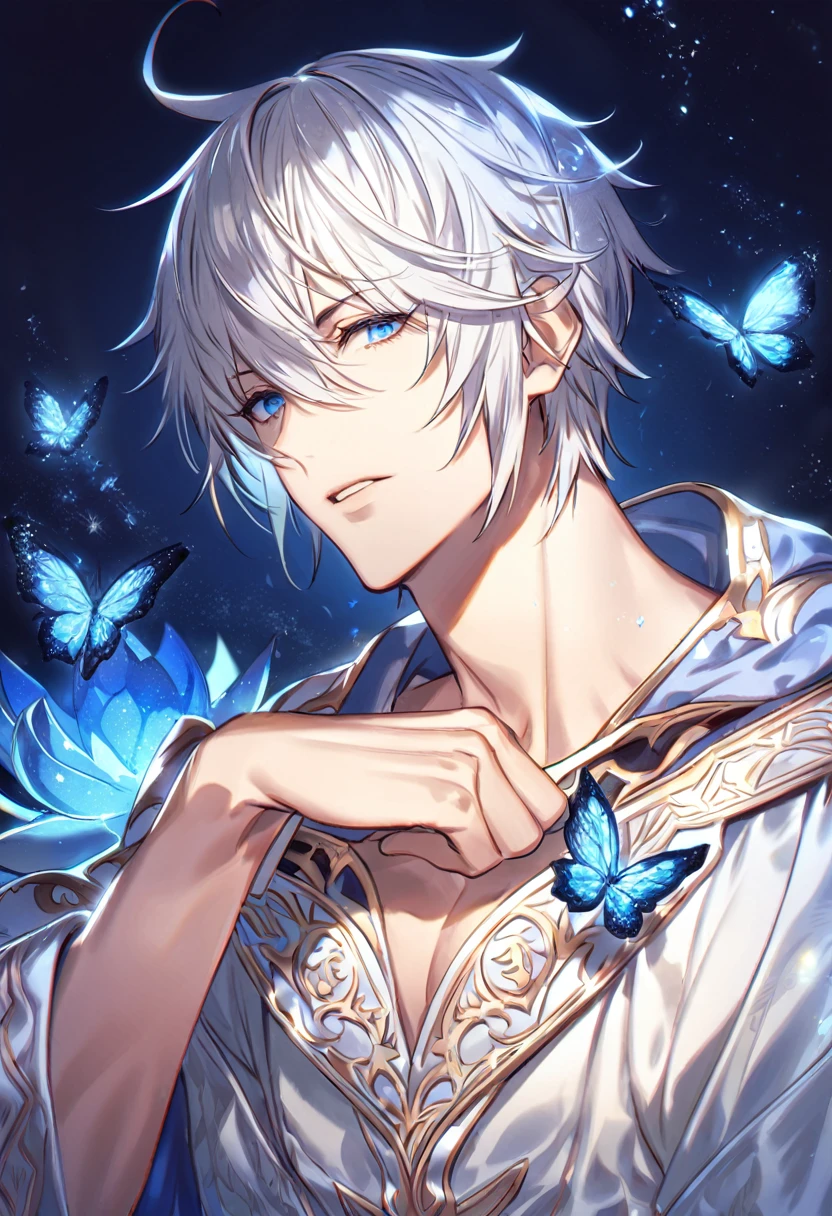 absurdres, highres, ultra detailed, HDR, master piece, best quality, Lucilius, white hair, expressive blue eyes, granblue fantasy, solo, sexy man, handsome, white tunic, patterns, magical, fantasy, blue background, blue lotus, shining, blue petals, blue sparkling butterflies