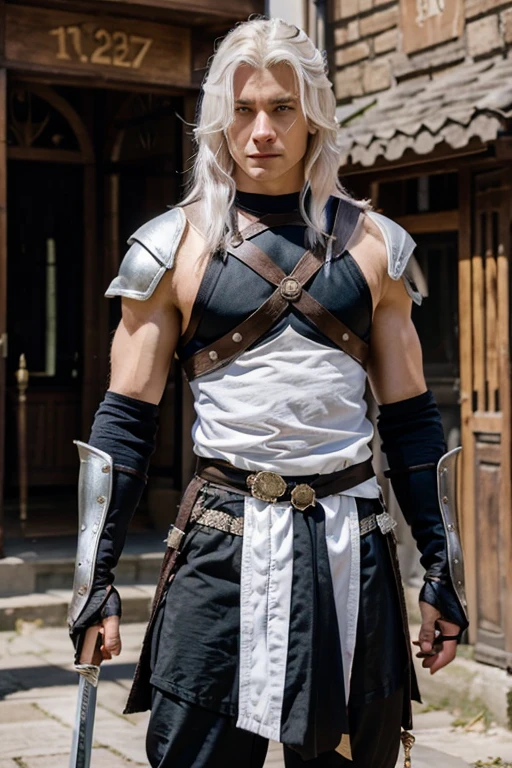 create an image of a male warrior holding swords in both hands and his hair color is white