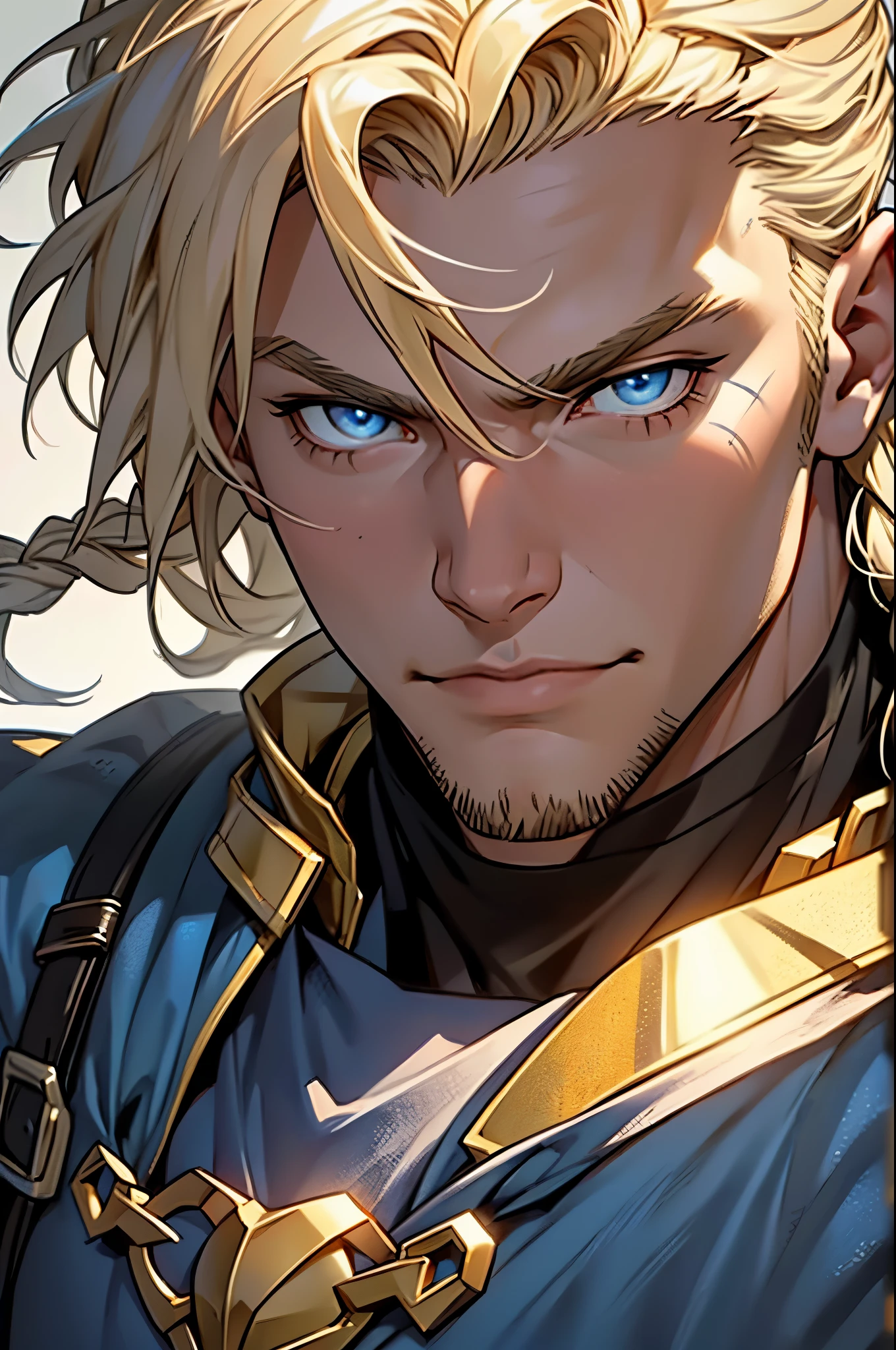 Create a detailed close-up portrait of Bjorn Thorsen (Beowulf). He has a square, strong face with high cheekbones and a firm chin. His ice-blue eyes are piercing and calculated, and his ash-blond hair is long, often braided or left loose in a wild style. His thick, well-groomed beard complements his strong, warrior-like appearance. Add a subtle golden aura around him to highlight his legendary status.
