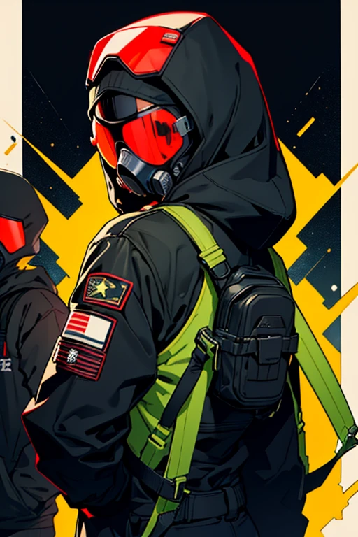 Image of subject with jacket hood black gas mask red glasses from back looking back with background of a stellar orisont