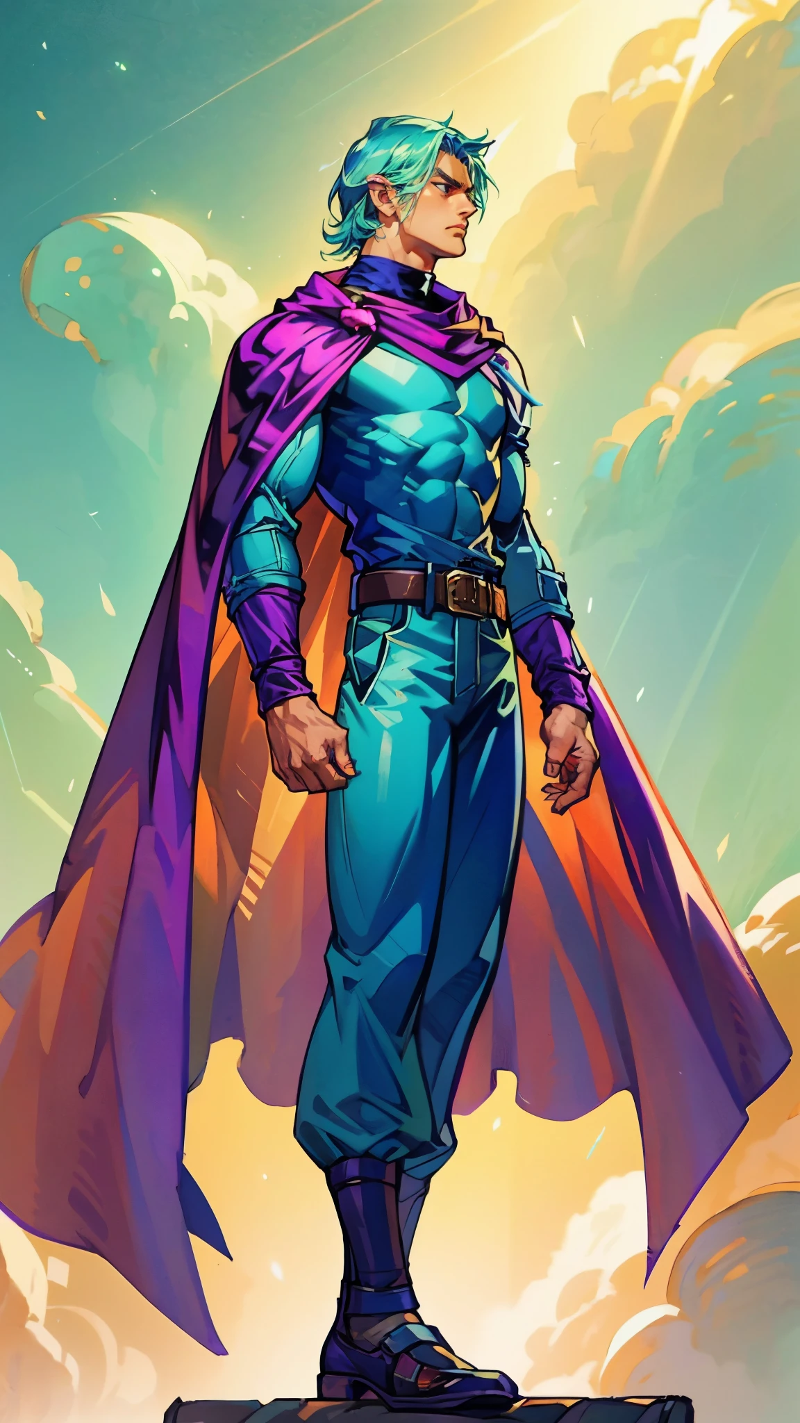 A young man with Greenish-blue spiky short hair, middle part bangs, a disdainful look, slender eyebrows, delicate features, a robust physique, a fantasy-style purple and white tight outfit, a black collar connected to a dark blue cape, a white belt attached to a red and white hem, sky-blue trousers, green flowing light surrounding him, standing on a long street at night, side view, this character embodies a finely crafted fantasy-style warrior in anime style, exquisite and mature manga art style, dramatic, high definition, best quality, highres, ultra-detailed, ultra-fine painting, extremely delicate, professional, perfect body proportions, golden ratio, anatomically correct, symmetrical face, extremely detailed eyes and face, high quality eyes, creativity, RAW photo, UHD, 32k, Natural light, cinematic lighting, masterpiece-anatomy-perfect, masterpiece:1.5