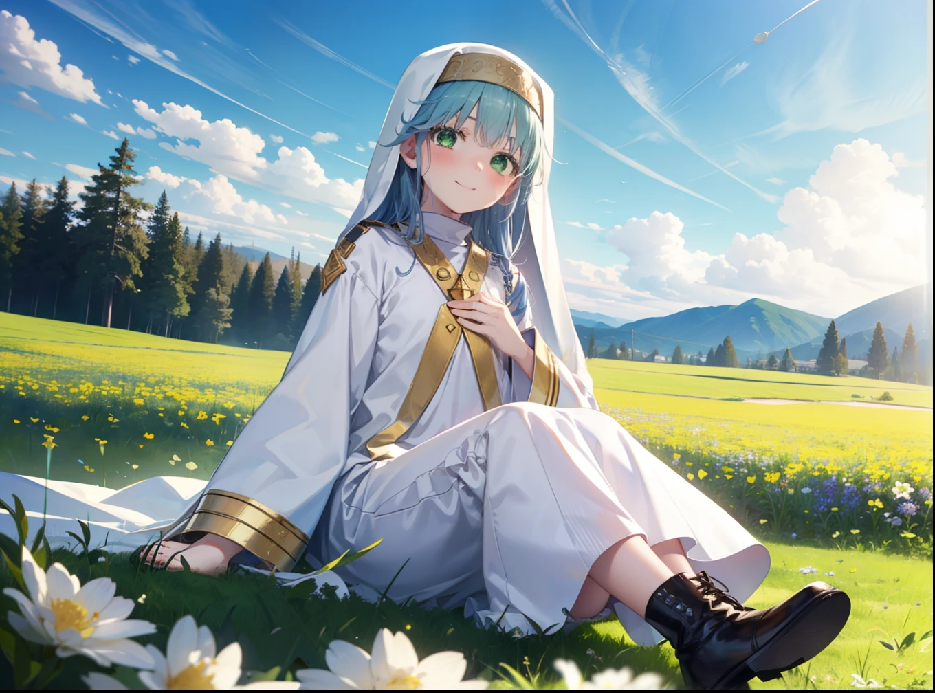 index, index, (Green Eyes:1.5), Blue Hair, Long Hair, (Flat Chest:1.2),
break habit, Long sleeve, Nuns,Wide sleeves,short boots,blush,happy smile, smile,corolla,whole bodyがイラストに入るように,Sitting,Looking up from below,
break looking at viewer, whole body,
break outdoors, nature,Flower Field,Large Lake,
break (masterpiece:1.2), highest quality, High resolution, unity 8k wallpaper, (shape:0.8), (Beautiful details:1.6), Highly detailed face, Perfect lighting, Highly detailed CG, (Perfect hands, Perfect Anatomy),