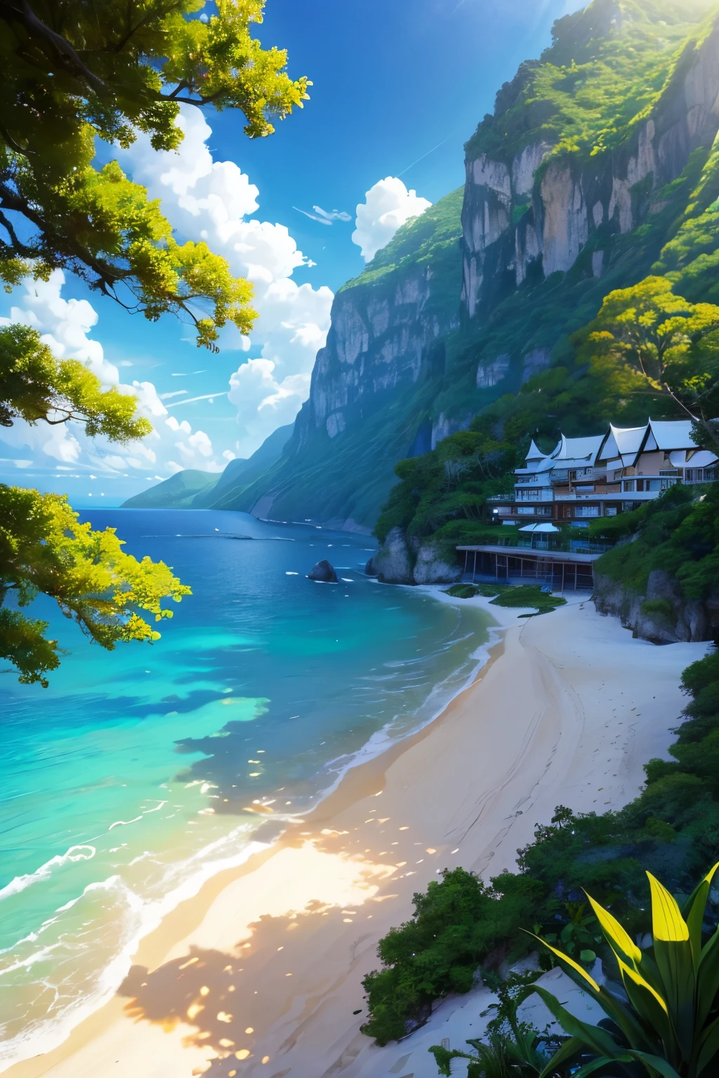 ({{High resolution,}},masterpiece,Super detailed,highest quality,8k)Steep cliff、Lush greenery、Wooden walkway leading to a sandy beach with turquoise waters、Clear blue sky with fluffy clouds、traditional houses、Ghibli style、White sand beach、summer