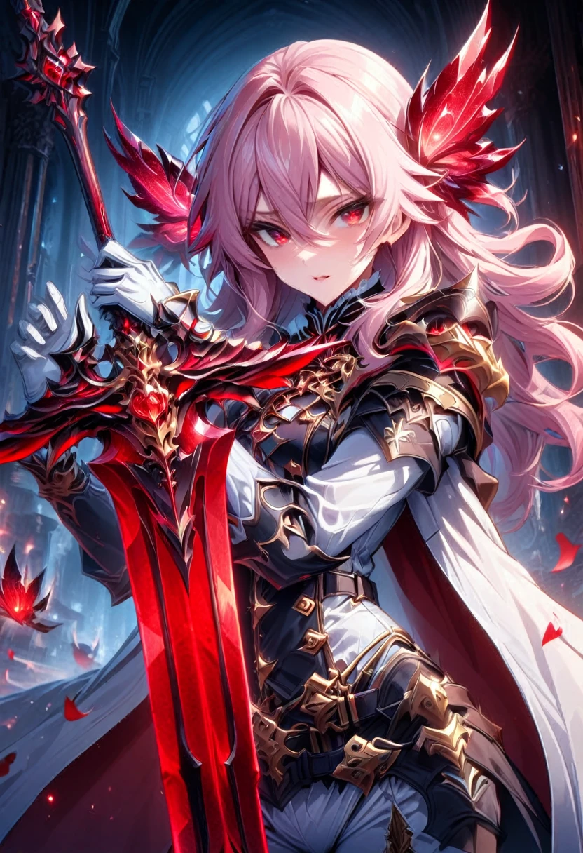 Ultra detailed, HDR, Highres, absurdres, master piece, Mika Hyakuya, wavy blond hair, expressive red eyes, white cape, Owari No Seraph, white vampire clothes, red glittering butterflies, petals, fantasy, red roses, sexy man, solo, extremely detailed face and eyes, handsome, glittering, white gloves, red background, red flames, cross, vampire, white clothes, white pants, grabbing a red sword,