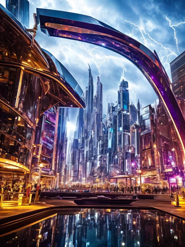 a futuristic city with lightning and ruby diamond crystal effect, BREAK , BERSERK-- metallic
silver purple magenta elements, a simple black background with liquid metallic silver lavender reflections, INGLAZE: (best quality,4k,8k,highres,masterpiece:1.2),ultra-detailed,(realistic,photorealistic,photo-realistic:1.37),hyper realistic,dynamic ultrarealistic angle,TruckersRule style,extremely detailed CG unit,top-quality real texture skin,intricate architecture,ornate details,shimmering lights,seamless integration,cinematic composition,dramatic lighting,stunning clarity,intricate machinery,futuristic technology,metallic reflections,sharp focus,vivid colors