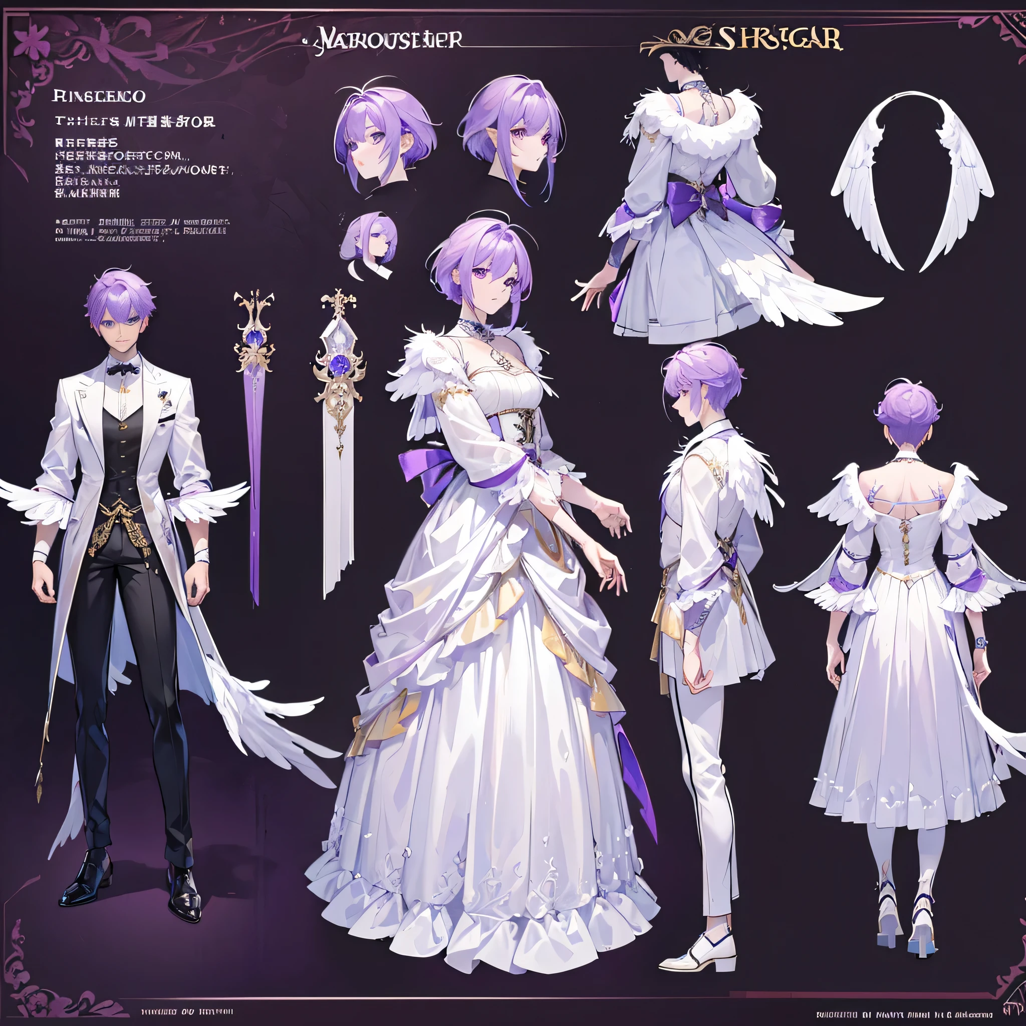 ((Masterpiece, Highest quality)), (Masterpiece, best quality), detailed, 1boy, ((character concept art)), ((character design sheet, same character, front, side, back)), 1 Male, 1boy, man, Detailed face, character design sheet,full bodyesbian, frontal body view, back body view, Highly detailed, character sheet, character design, Many parts, dark skin, angel wings, short purple hair, angel outfit, masculine, male muscle, manly men, manly boy, male angel, manly angel, Muscle boy with purple short hair,handsome man, male angel , man tall